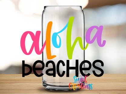 Aloha Beaches design close-up on a clear glass can tumbler