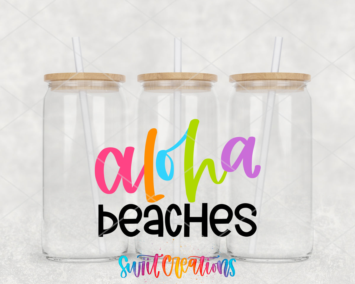 Aloha Beaches clear glass tumbler group mockup with bamboo lids and straws