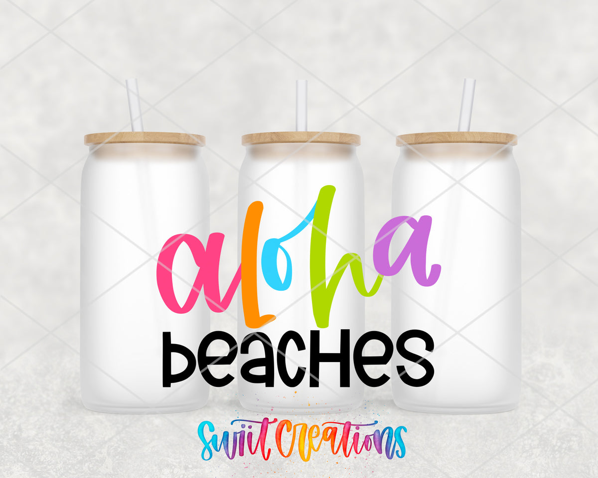 Aloha Beaches frosted glass tumbler group view with lids and straws