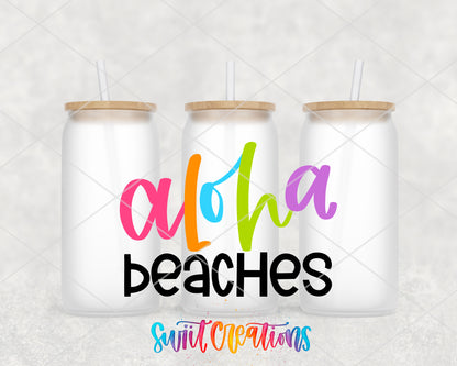 Aloha Beaches frosted glass tumbler group view with lids and straws