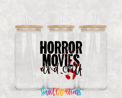 Horror Movies and Chill clear glass tumbler group mockup with bamboo lids and straws