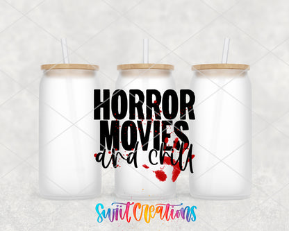 Horror Movies and Chill frosted glass tumbler group view with lids and straws