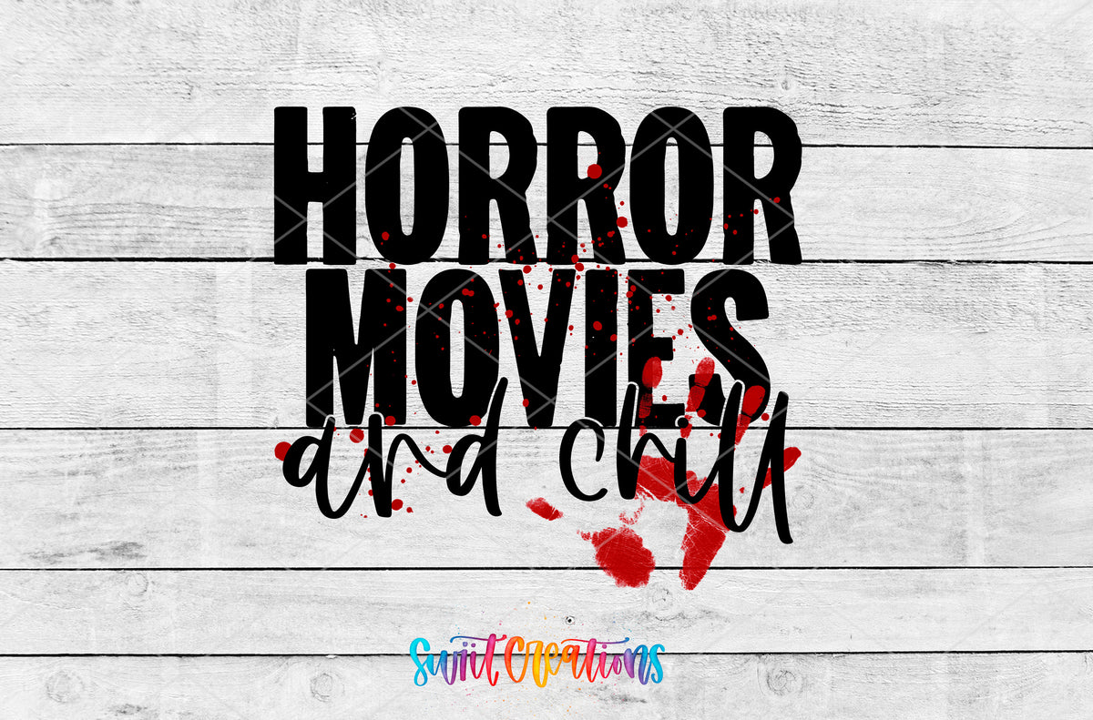 Horror Movies and Chill artwork detail for the finished 16 oz tumbler