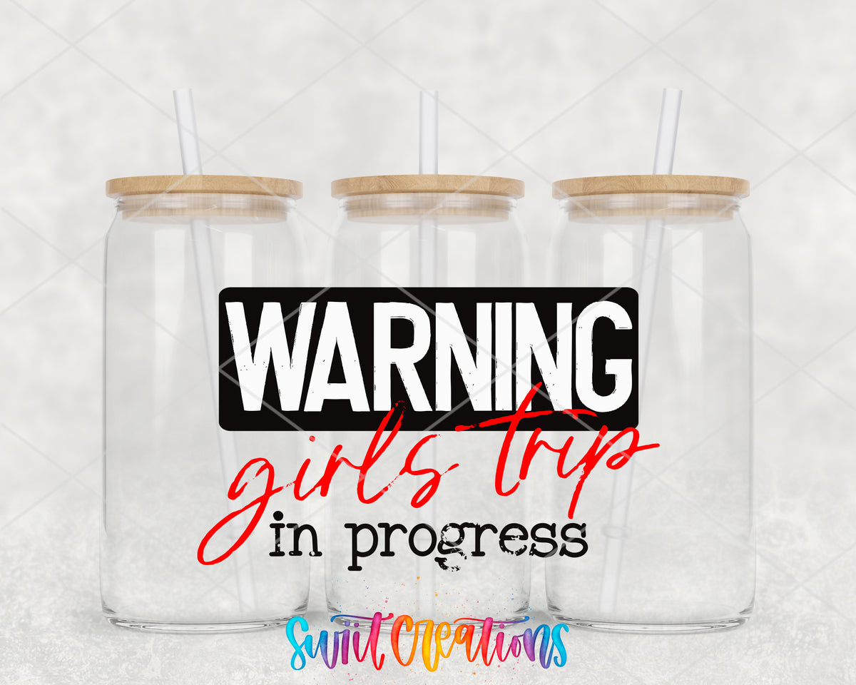 Warning Girls Trip clear glass tumbler group mockup with bamboo lids and straws