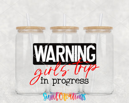Warning Girls Trip clear glass tumbler group mockup with bamboo lids and straws