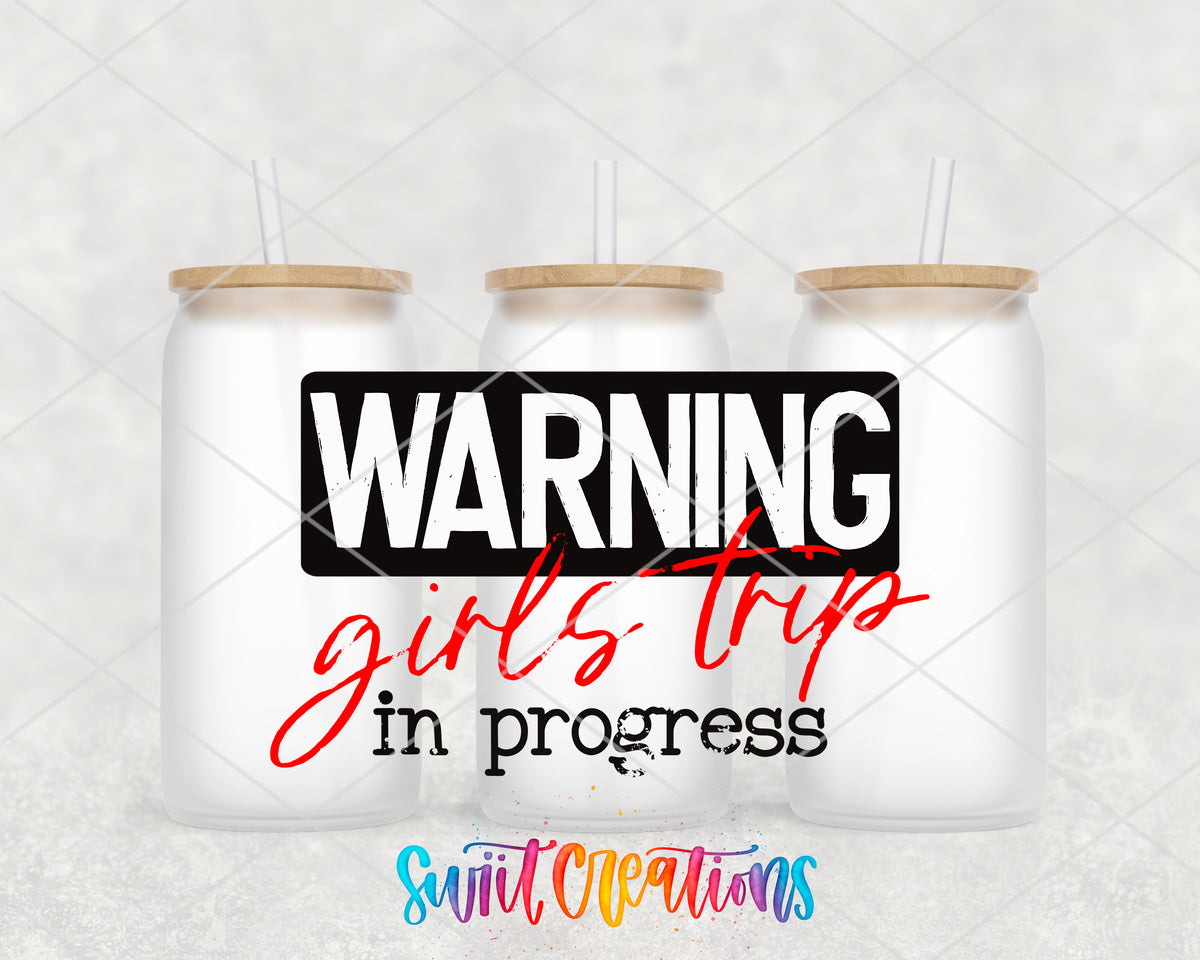Warning Girls Trip frosted glass tumbler group view with lids and straws