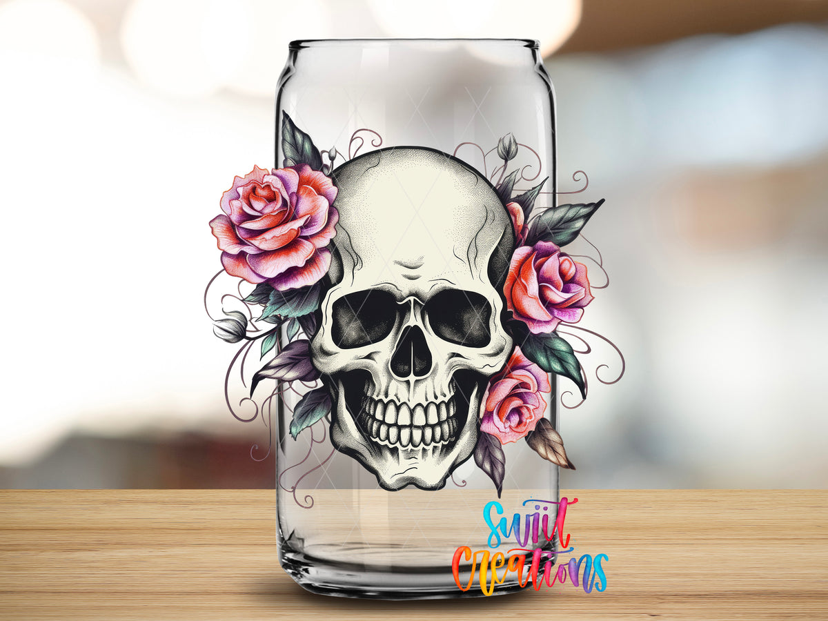 Pink Rose Floral Skull design close-up on a clear glass can tumbler