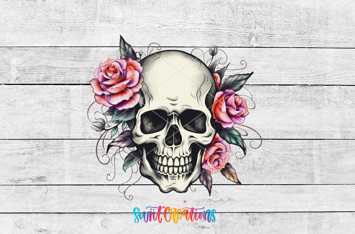 Pink Rose Floral Skull artwork detail for the finished 16 oz tumbler