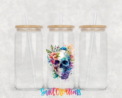 Watercolor Floral Skull clear glass tumbler group mockup with bamboo lids and straws