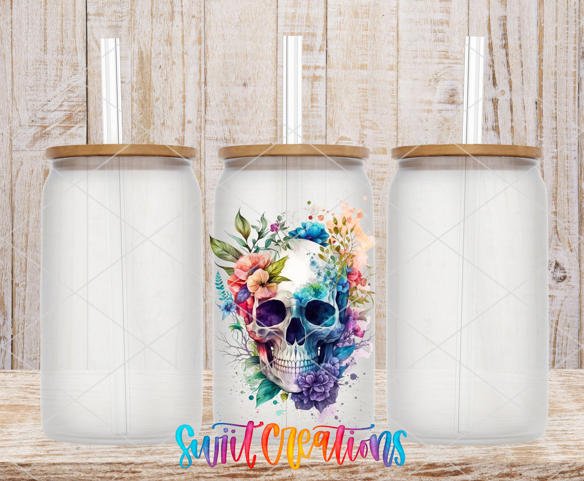 Watercolor Floral Skull frosted glass tumbler mockup with bamboo lids and straws