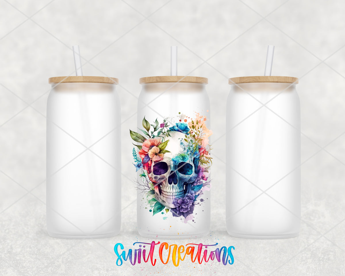 Watercolor Floral Skull frosted glass tumbler group view with lids and straws