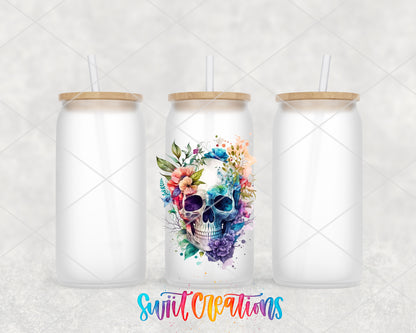 Watercolor Floral Skull frosted glass tumbler group view with lids and straws