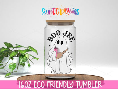 Boo-Jee Ghost design on a 16 oz clear glass tumbler with bamboo lid