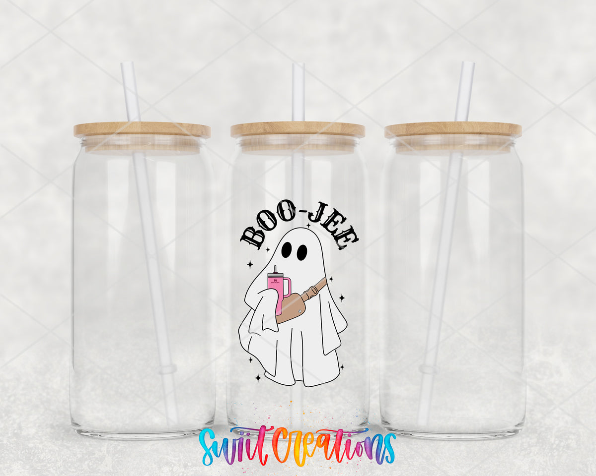 Boo-Jee Ghost clear glass tumbler group mockup with bamboo lids and straws