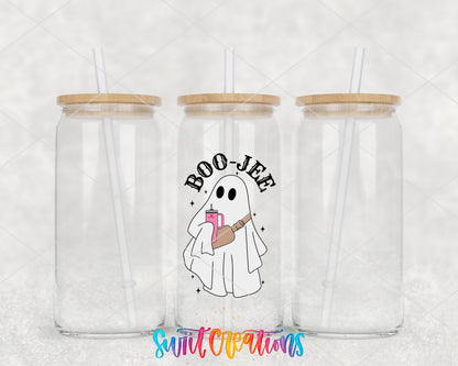 Boo-Jee Ghost clear glass tumbler group mockup with bamboo lids and straws
