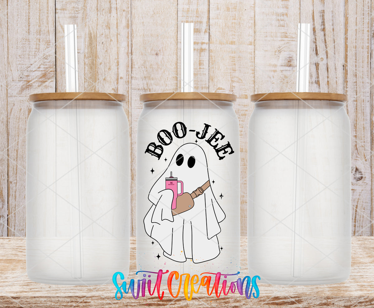 Boo-Jee Ghost frosted glass tumbler mockup with bamboo lids and straws