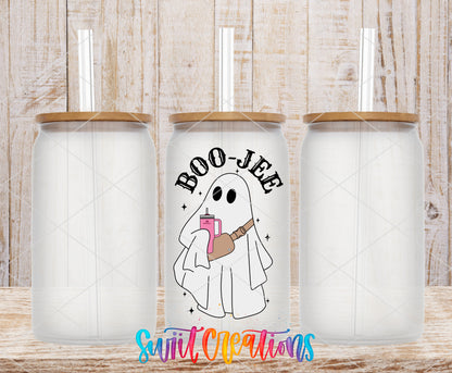 Boo-Jee Ghost frosted glass tumbler mockup with bamboo lids and straws