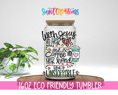 With Jesus and Coffee design on a 16 oz clear glass tumbler with bamboo lid