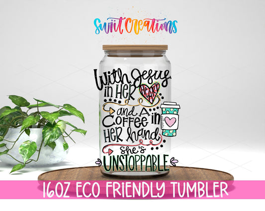 With Jesus and Coffee design on a 16 oz clear glass tumbler with bamboo lid