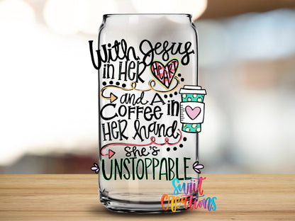 With Jesus and Coffee design close-up on a clear glass can tumbler