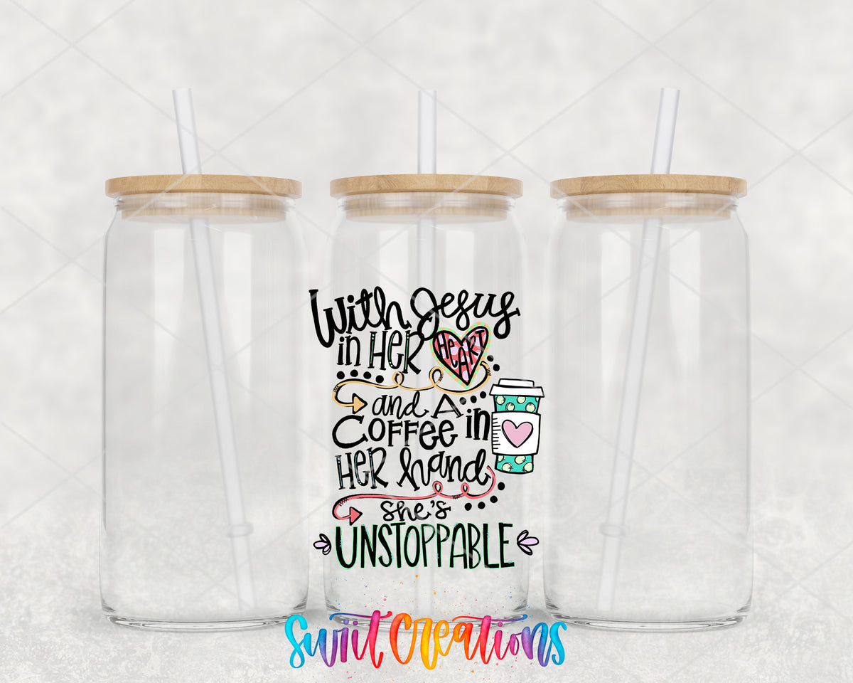 With Jesus and Coffee clear glass tumbler group mockup with bamboo lids and straws
