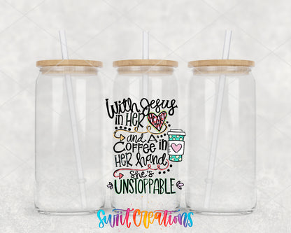With Jesus and Coffee clear glass tumbler group mockup with bamboo lids and straws
