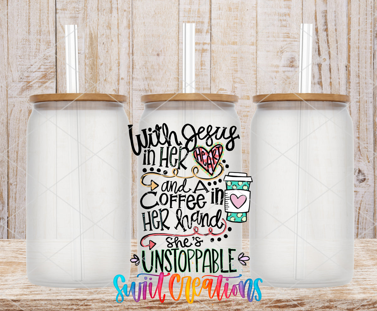 With Jesus and Coffee frosted glass tumbler mockup with bamboo lids and straws