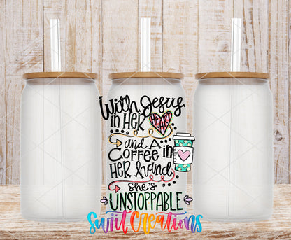With Jesus and Coffee frosted glass tumbler mockup with bamboo lids and straws