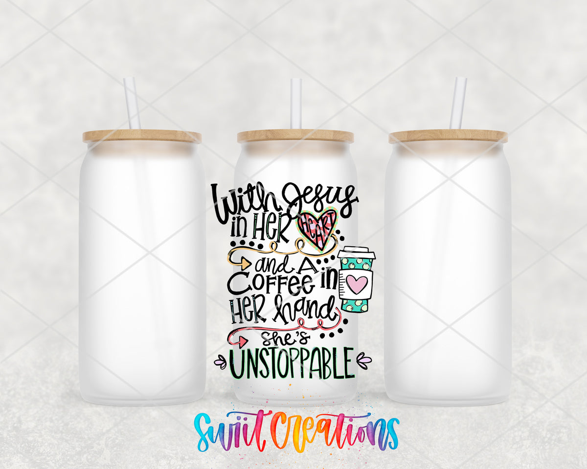With Jesus and Coffee frosted glass tumbler group view with lids and straws