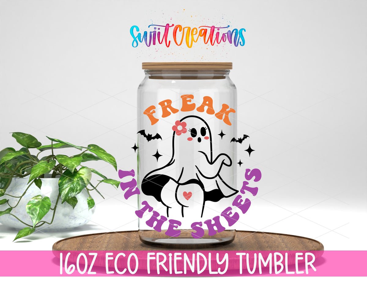 Freak in the Sheets Ghost design on a 16 oz clear glass tumbler with bamboo lid