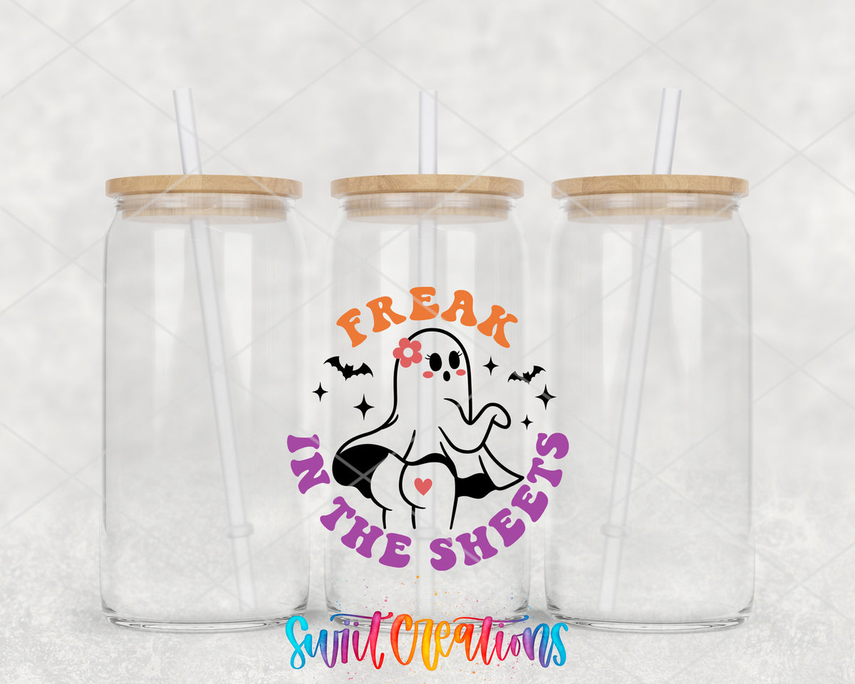 Freak in the Sheets Ghost clear glass tumbler group mockup with bamboo lids and straws