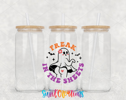 Freak in the Sheets Ghost clear glass tumbler group mockup with bamboo lids and straws