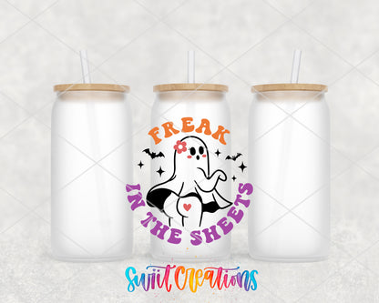 Freak in the Sheets Ghost frosted glass tumbler group view with lids and straws