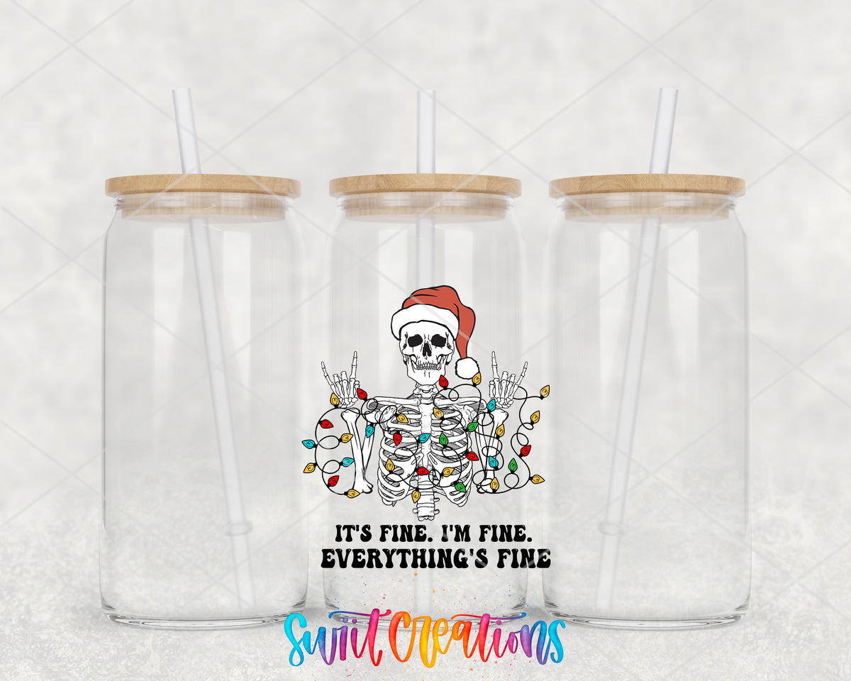 Everything Is Fine Christmas Skeleton clear glass tumbler group mockup with bamboo lids and straws