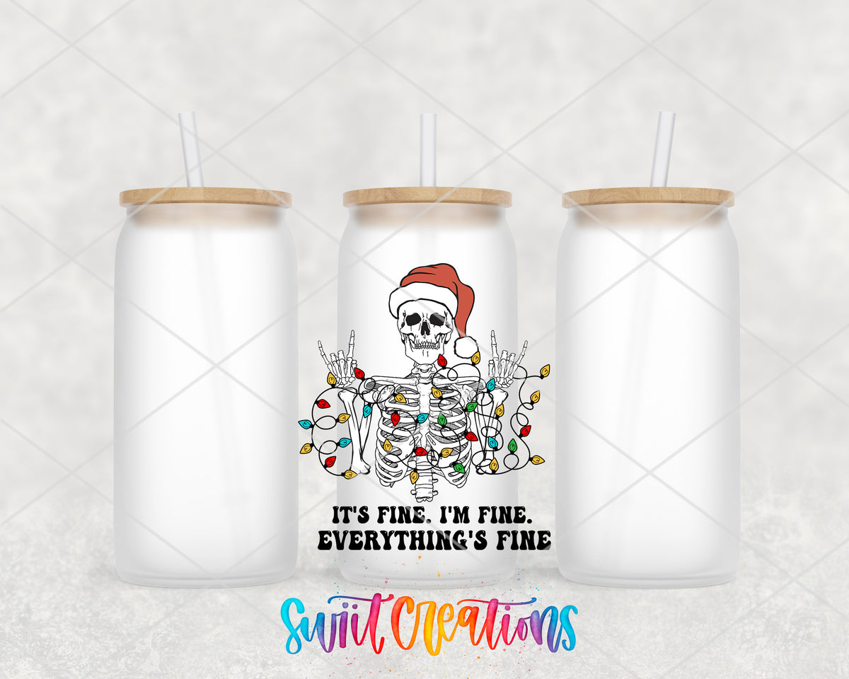 Everything Is Fine Christmas Skeleton frosted glass tumbler group view with lids and straws