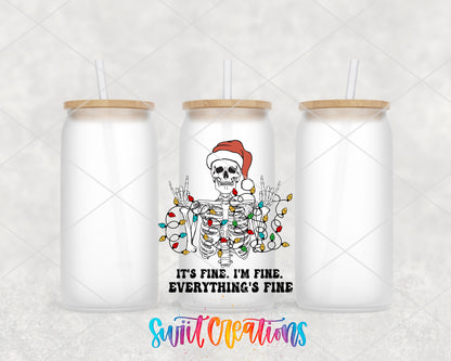 Everything Is Fine Christmas Skeleton frosted glass tumbler group view with lids and straws