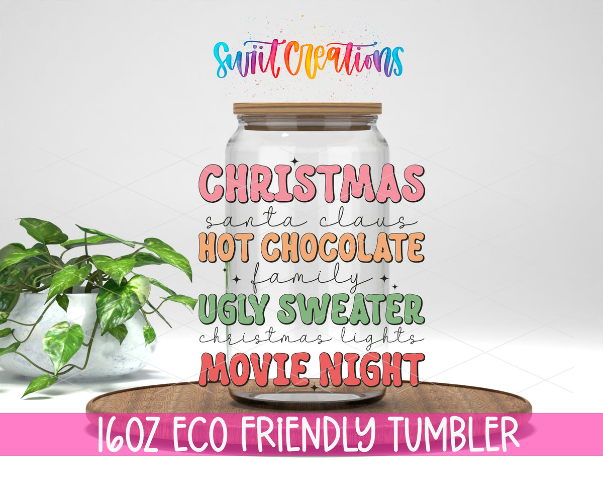 Christmas Movie Night design on a 16 oz clear glass tumbler with bamboo lid