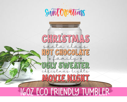 Christmas Movie Night design on a 16 oz clear glass tumbler with bamboo lid