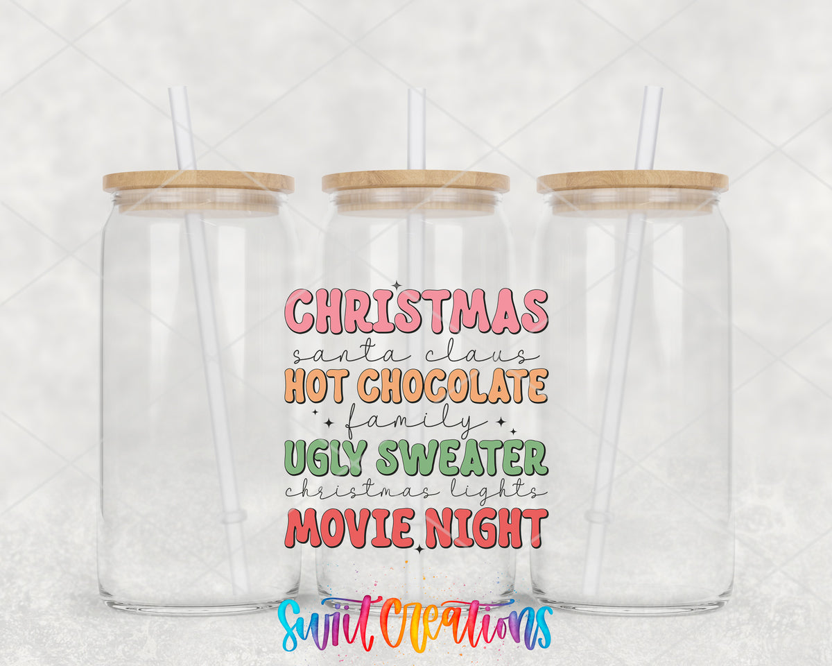 Christmas Movie Night clear glass tumbler group mockup with bamboo lids and straws