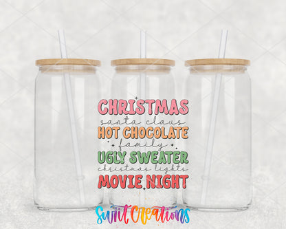Christmas Movie Night clear glass tumbler group mockup with bamboo lids and straws