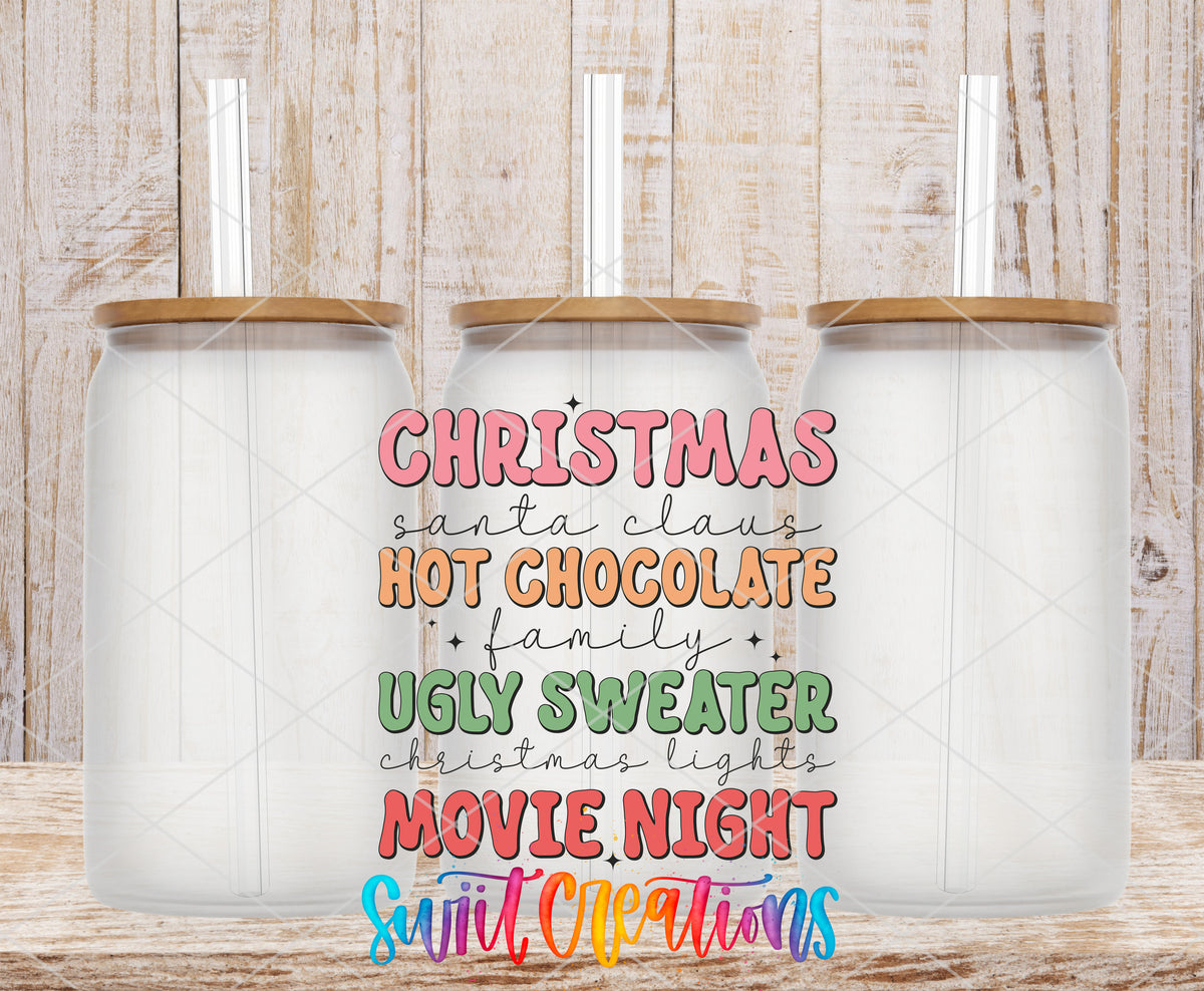Christmas Movie Night frosted glass tumbler mockup with bamboo lids and straws