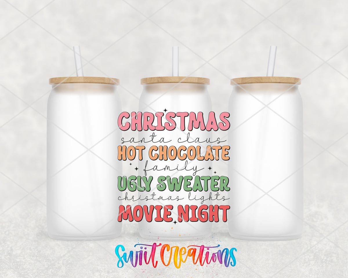 Christmas Movie Night frosted glass tumbler group view with lids and straws