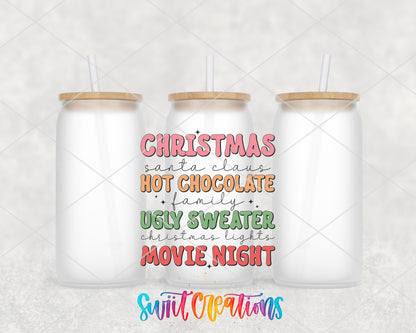 Christmas Movie Night frosted glass tumbler group view with lids and straws