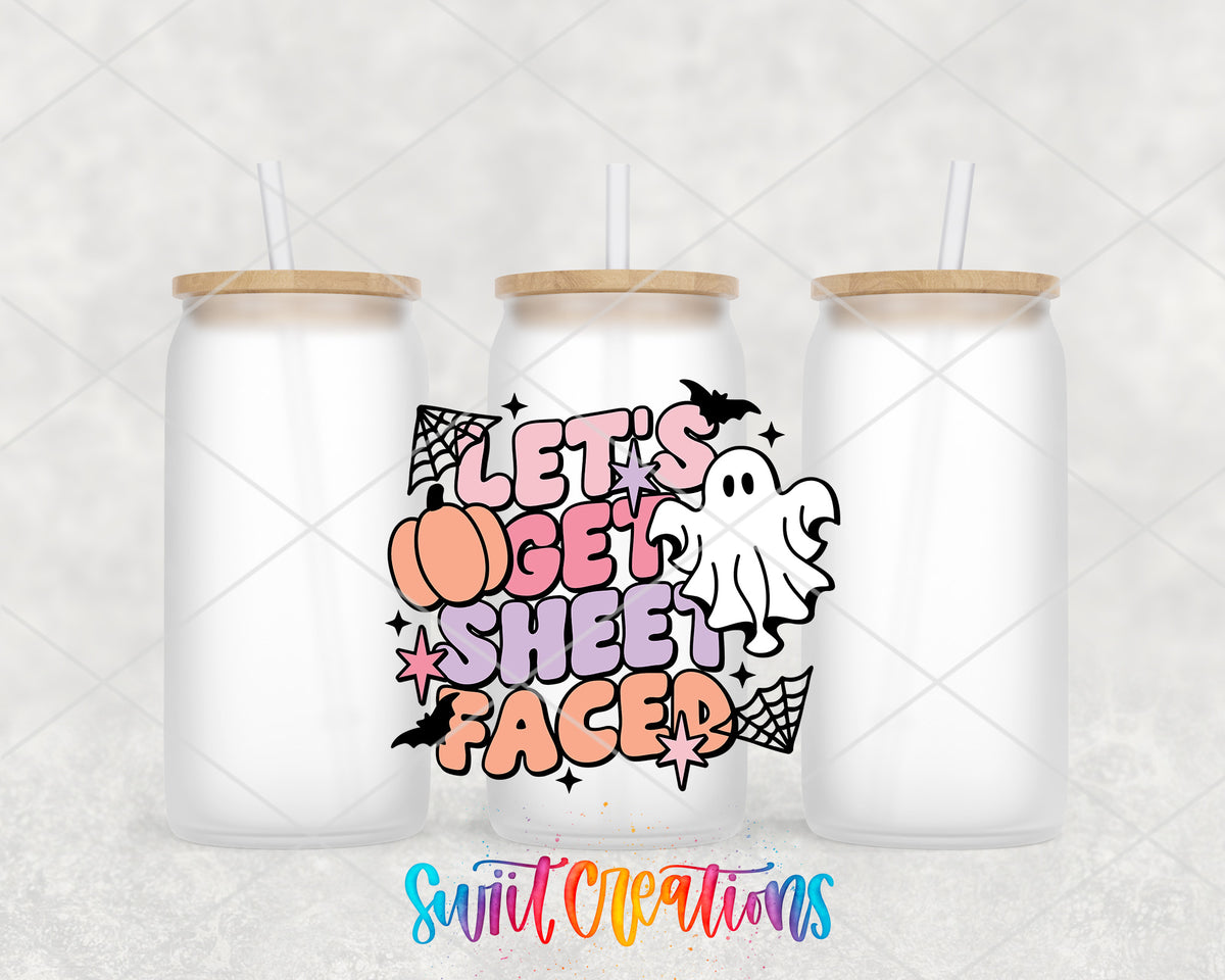 Lets Get Sheet Faced frosted glass tumbler group view with lids and straws