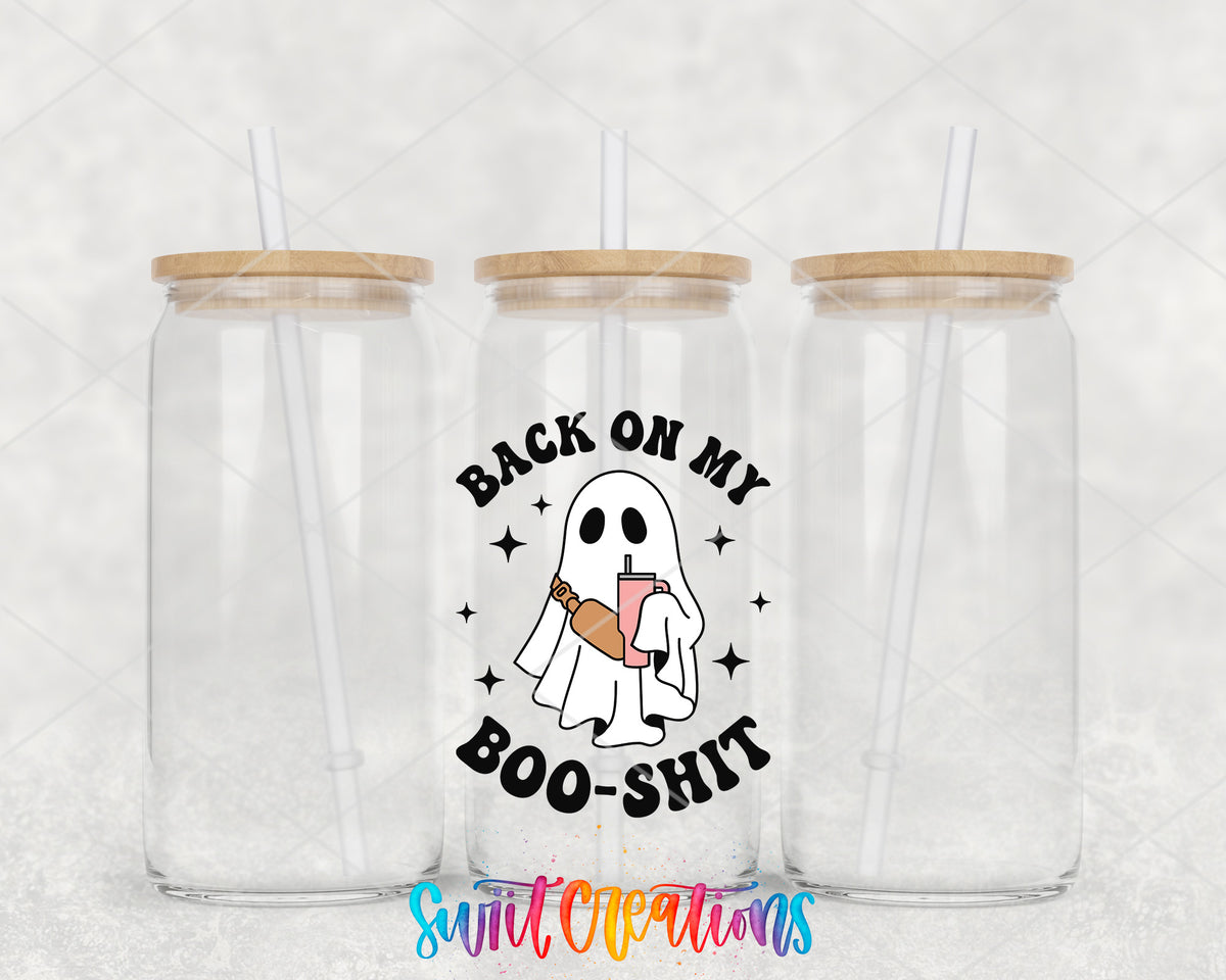 Back on My Boo Shit clear glass tumbler group mockup with bamboo lids and straws