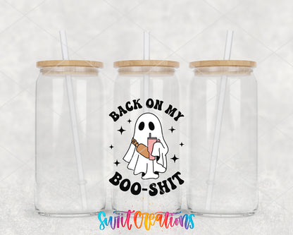Back on My Boo Shit clear glass tumbler group mockup with bamboo lids and straws