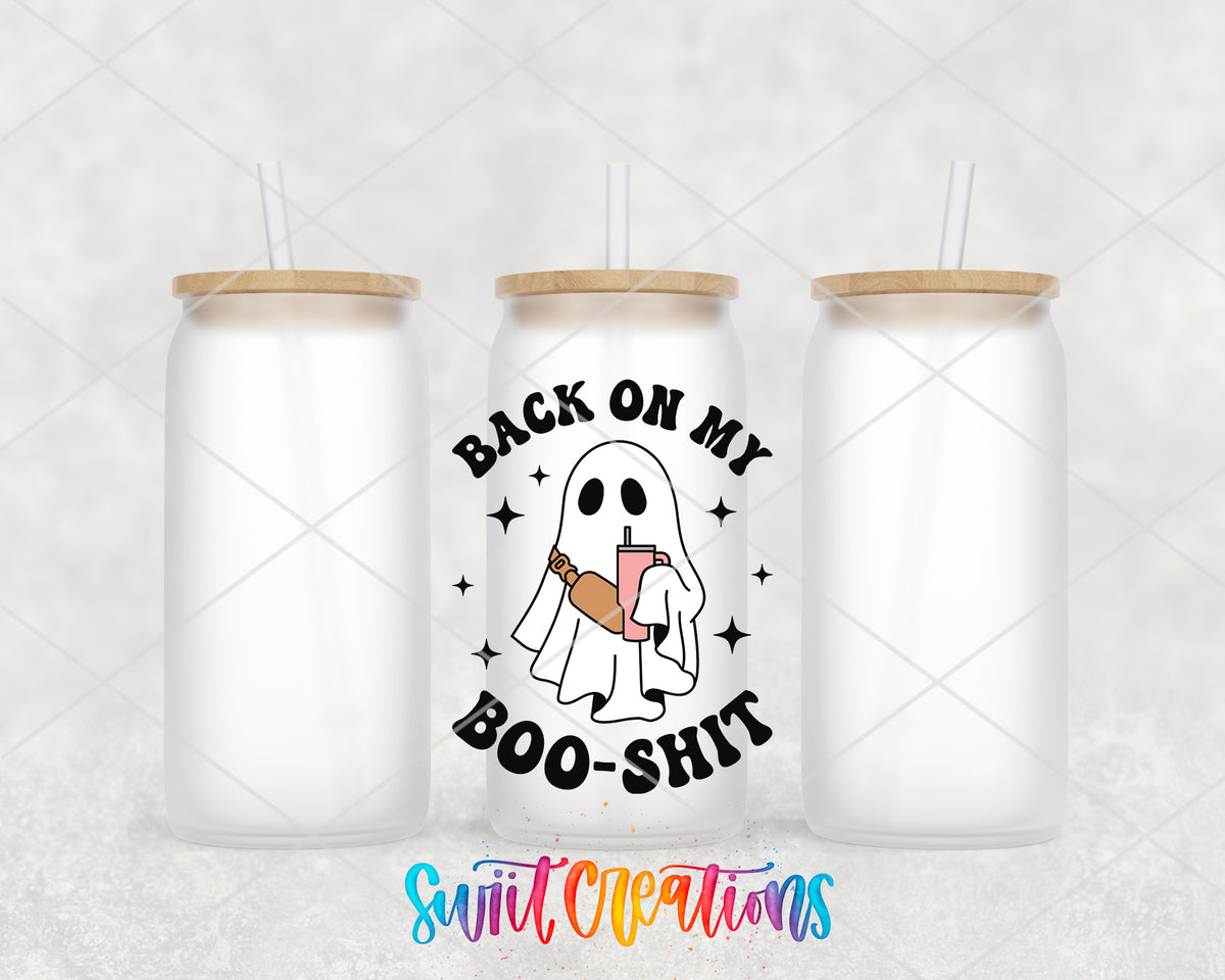 Back on My Boo Shit frosted glass tumbler group view with lids and straws