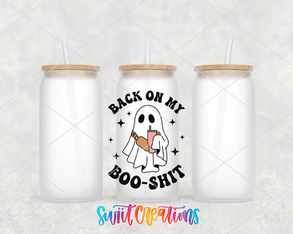 Back on My Boo Shit frosted glass tumbler group view with lids and straws
