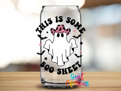 This Is Some Boo Sheet design close-up on a clear glass can tumbler