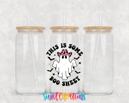 This Is Some Boo Sheet clear glass tumbler group mockup with bamboo lids and straws